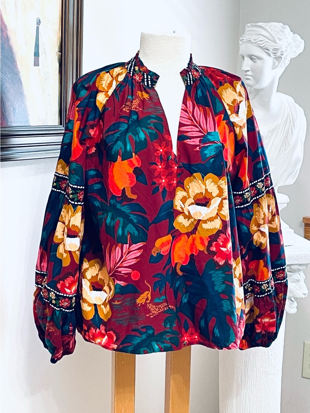 Farm Rio Tropical Long Sleeve Boho Top GORGEOUS COLORS L Cotton